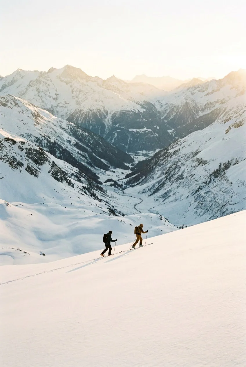 A guide and skier on an untracked off-piste line at first light