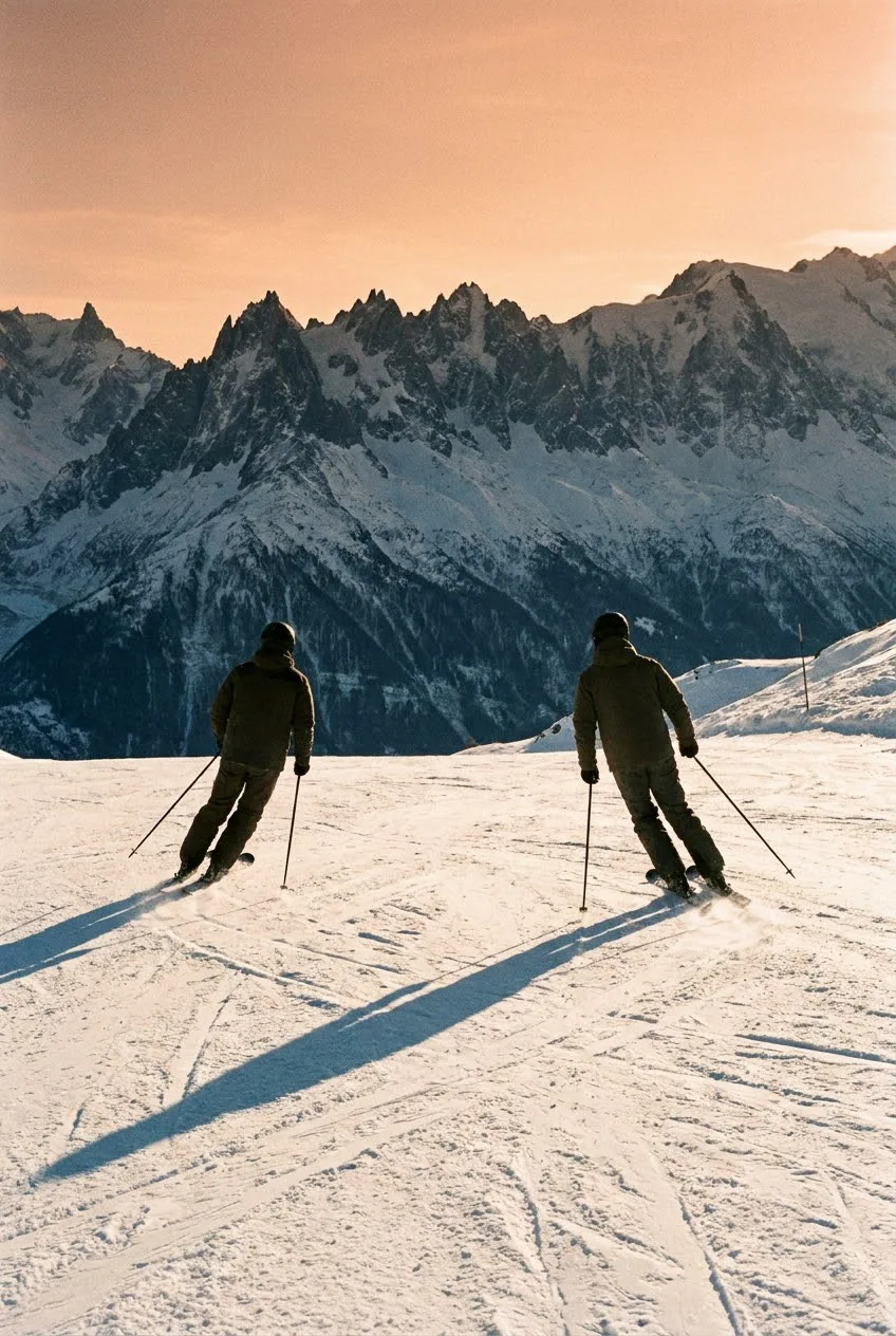 A private ski instructor and guest skiing a quiet alpine piste at golden hour