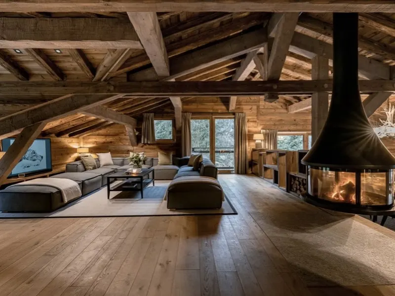 The living room at Chalet Lupa, a suspended black fireplace under a vaulted timber roof