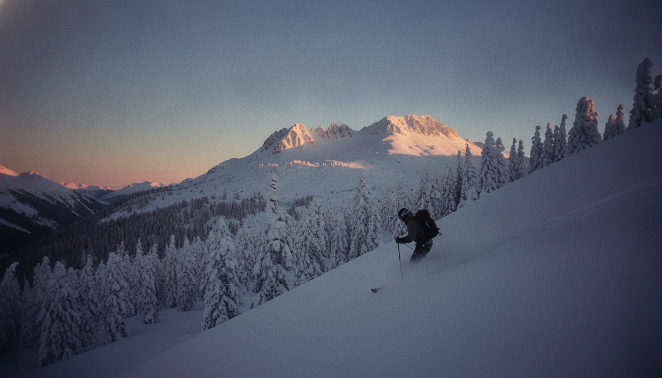The Mont-Blanc massif above the forest at golden hour.